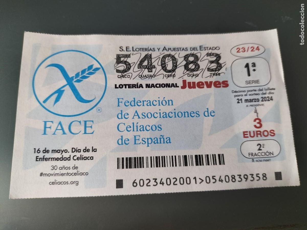 Lotaria Nacional: 1 DECIMO LOTERIA NACIONAL JUEVES 21 MARZO 2024 23/24 - DIA DEL CELIACO -ENFERMEDAD CELIACOS
