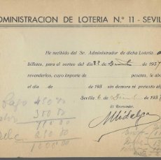 Lotería Nacional: SEVILLA, ADMINISTRACION DE LOTERIA Nº 11, 6 DE DICIEMBRE 1937, VER FOTO