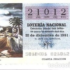 Lotería Nacional: LOTERÍA NACIONAL - 22 DE DICIEMBRE DE 1981 - NÚMERO CAPICÚA -21012