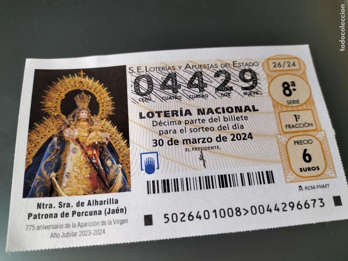 Lotaria Nacional: 1 DECIMO LOTERIA DEL SABADO 30 MARZO 2024 26/24 - SEMANA SANTA - PORCUNA (JAEN NTRA SRA DE ALJARILLA