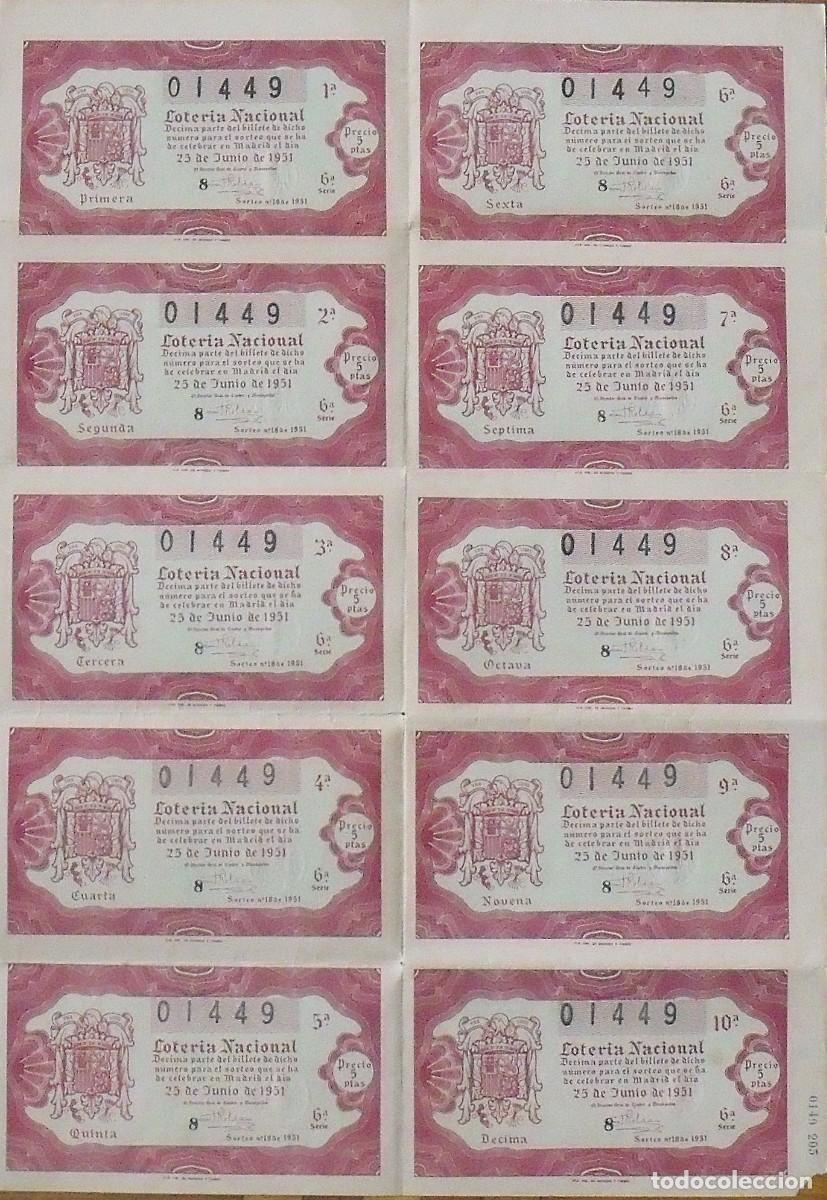 Loter&iacute;a nacional: Pliego 10 n&uacute;meros de Loter&iacute;a Nacional. 25 de junio de 1951. N&uacute;mero 01449. 52x36 cm.