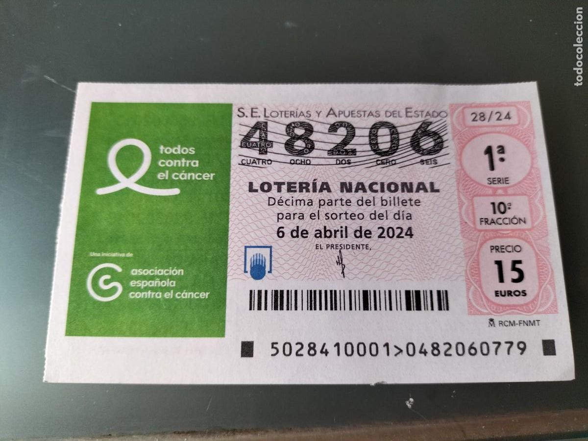 Lotaria Nacional: 1 DECIMO LOTERIA NACIONAL SABADO 6 ABRIL 2024 - 28/24 - ASOCIACION ESPA&Ntilde;OLA CONTRA EL CANCER