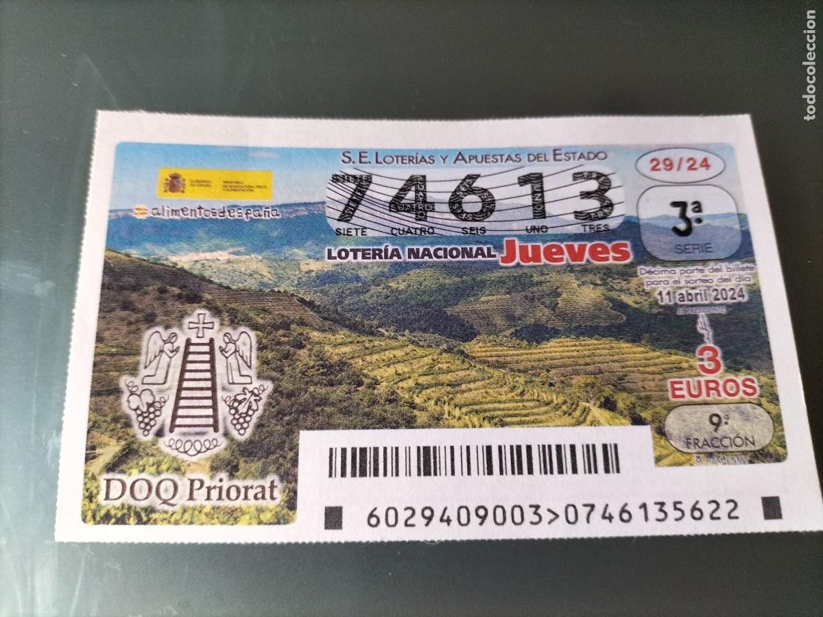 Lotaria Nacional: 1 DECIMO LOTERIA NACIONAL JUEVES 11 ABRIL 2024 - 29/24 - VINO DOQ PRIORAT ( TARRAGONA