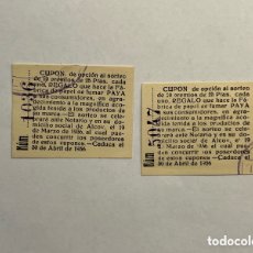 Lotería Nacional: ALCOY (2) BOLETOS PAPEL DE FUMAR PAYA, SORTEO REGALOS.. RIFA, 19 DE MARZO DE 1936