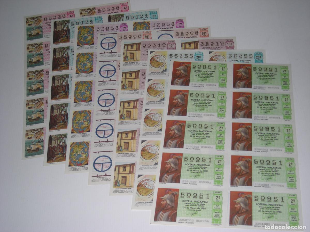 Loter&iacute;a Nacional: LOTE HOJAS DECIMOS de LOTERIA NACIONAL a&ntilde;o 1986 (tematica: Viaje Cristobal Colon)