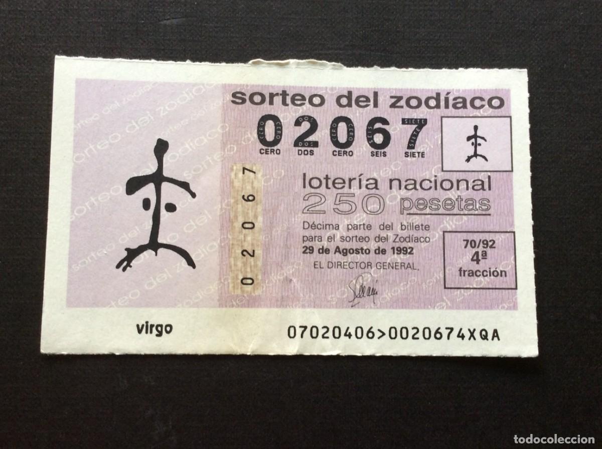 National Spanish Lottery: DECIMO LOTERIA DEL ZODIACO N&ordm; 02067 SORTEO 70 A&Ntilde;O 1992, CON DOBLEZ