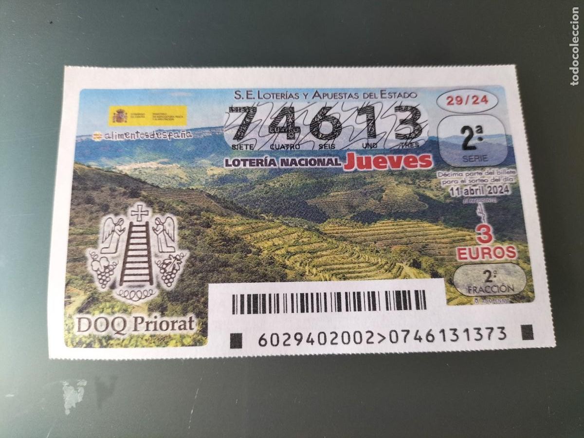 Lotaria Nacional: 1 DECIMO LOTERIA NACIONAL JUEVES 11 ABRIL 2024 - 29/24 - VINO DOQ PRIORAT ( TARRAGONA