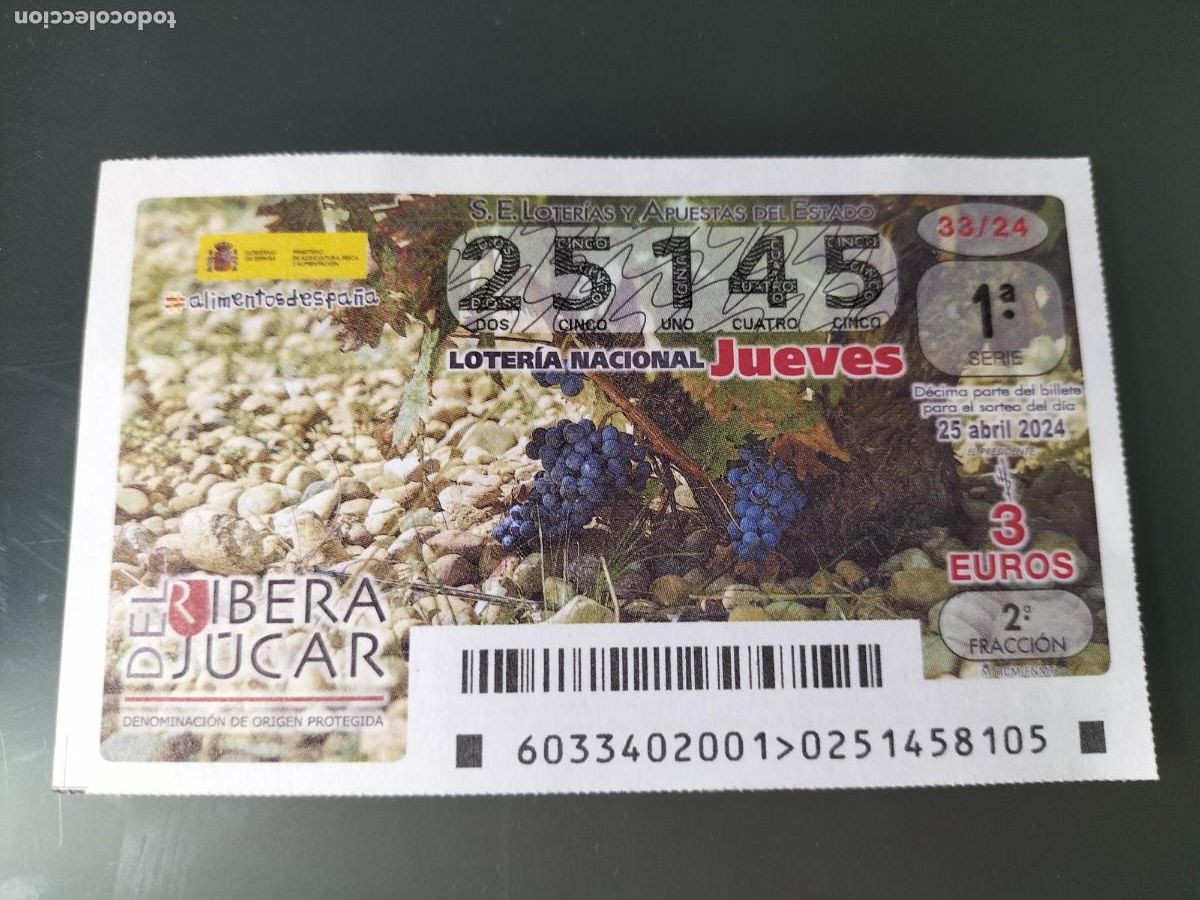 National Spanish Lottery: 1 DECIMO LOTERIA NACIONAL JUEVES 25 ABRIL 2024 - 33/24 ALBACETE - VINOS RIBERA DEL JUCAR