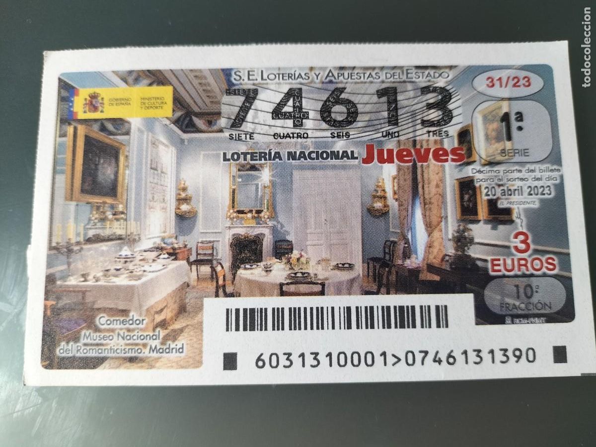 National Spanish Lottery: 1 DECIMO LOTERIA JUEVES 20 ABRIL 2023 - 31/23 - COMEDOR MUSEO NACIONAL DEL ROMANTICISMO MADRID