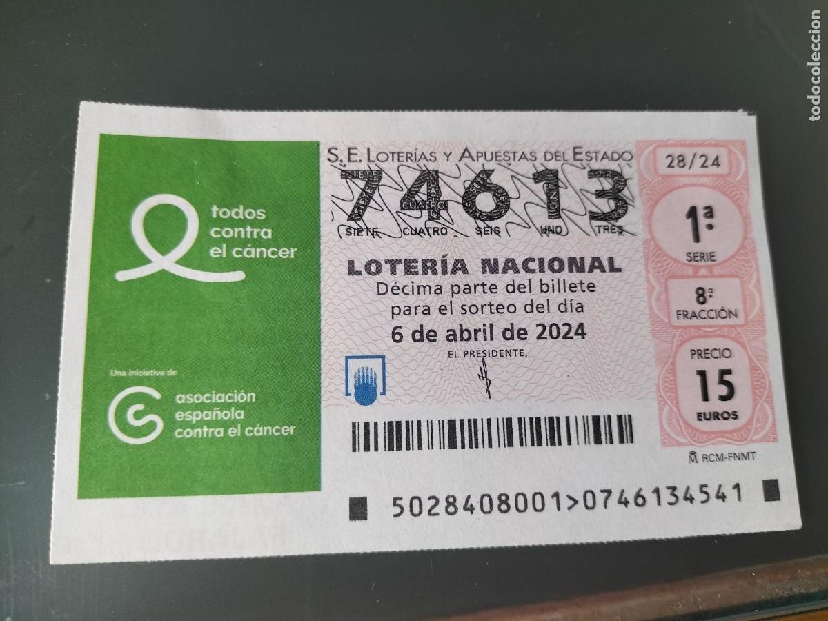 Lotaria Nacional: 1 DECIMO LOTERIA NACIONAL SABADO 6 ABRIL 2024 - 28/24 - ASOCIACION ESPA&Ntilde;OLA CONTRA EL CANCER