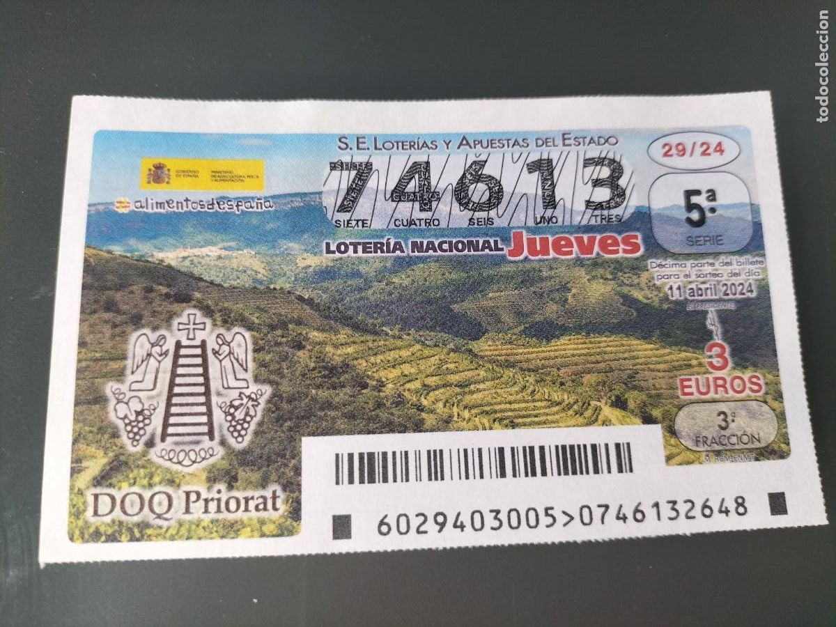 Lotaria Nacional: 1 DECIMO LOTERIA NACIONAL JUEVES 11 ABRIL 2024 - 29/24 - VINO DOQ PRIORAT ( TARRAGONA