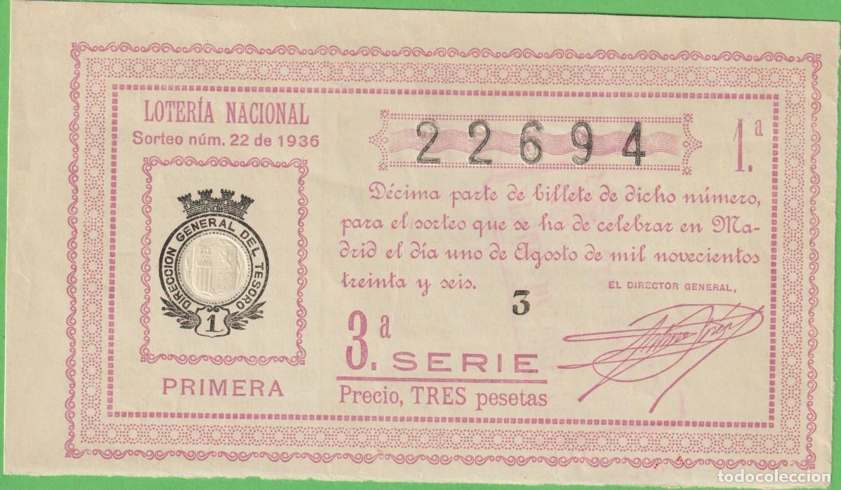 Lotaria Nacional: LOTERIA NACIONAL - SORTEO - 22-1936 - SERIE 3&ordf; FRACCI&Oacute;N 1&ordf; - SAN FERNANDO-CADIZ