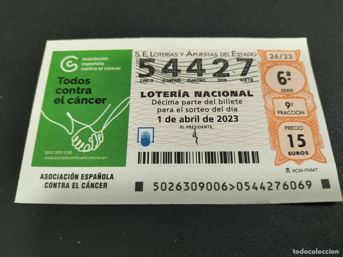 Nationale spanische Lotterie: 1 DECIMO LOTERIA SABADO - 1 ABRIL 2023 - 26/23 - TODAS CONTRA EL CANCER