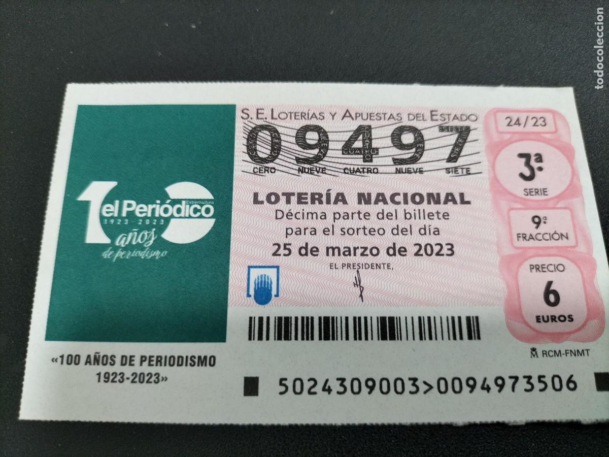 Nationale spanische Lotterie: 1 DECIMO LOTERIA SABADO - 25 MARZO 2023 - 24/23 - PERIODISMO 100 A&Ntilde;OS DE HISTORIA