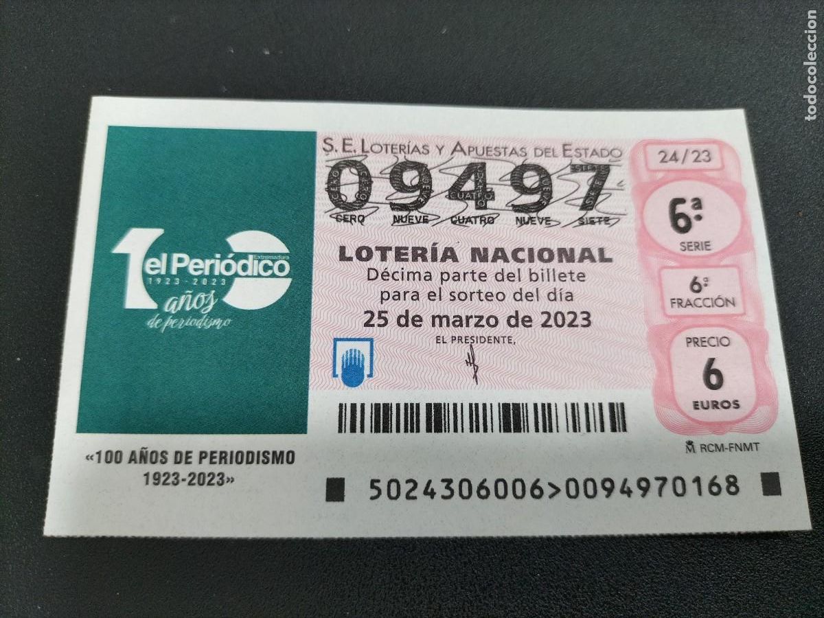 Nationale spanische Lotterie: 1 DECIMO LOTERIA SABADO - 25 MARZO 2023 - 24/23 - PERIODISMO 100 A&Ntilde;OS DE HISTORIA