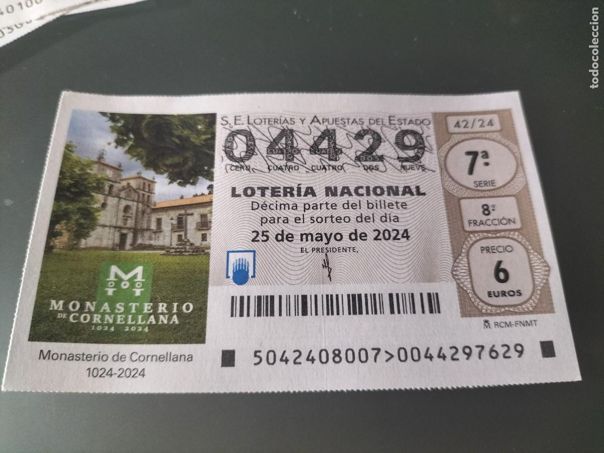 National Spanish Lottery: 1 DECIMO LOTERIA NACIONAL SABADO 25 MAYO 2024 - 42/24 - MONASTERIO CORNELLANA ( ASTURIAS