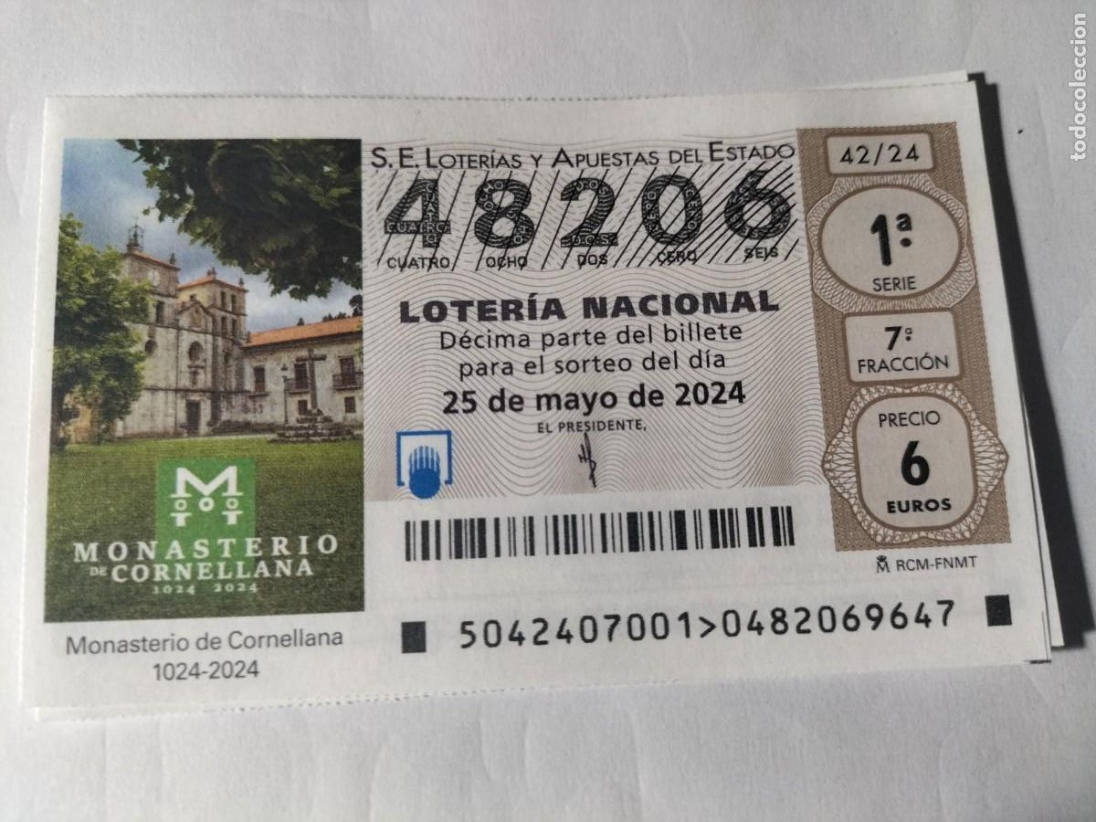 Lotaria Nacional: 1 DECIMO LOTERIA NACIONAL SABADO 25 MAYO 2024 - 42/24 - MONASTERIO CORNELLANA ( ASTURIAS