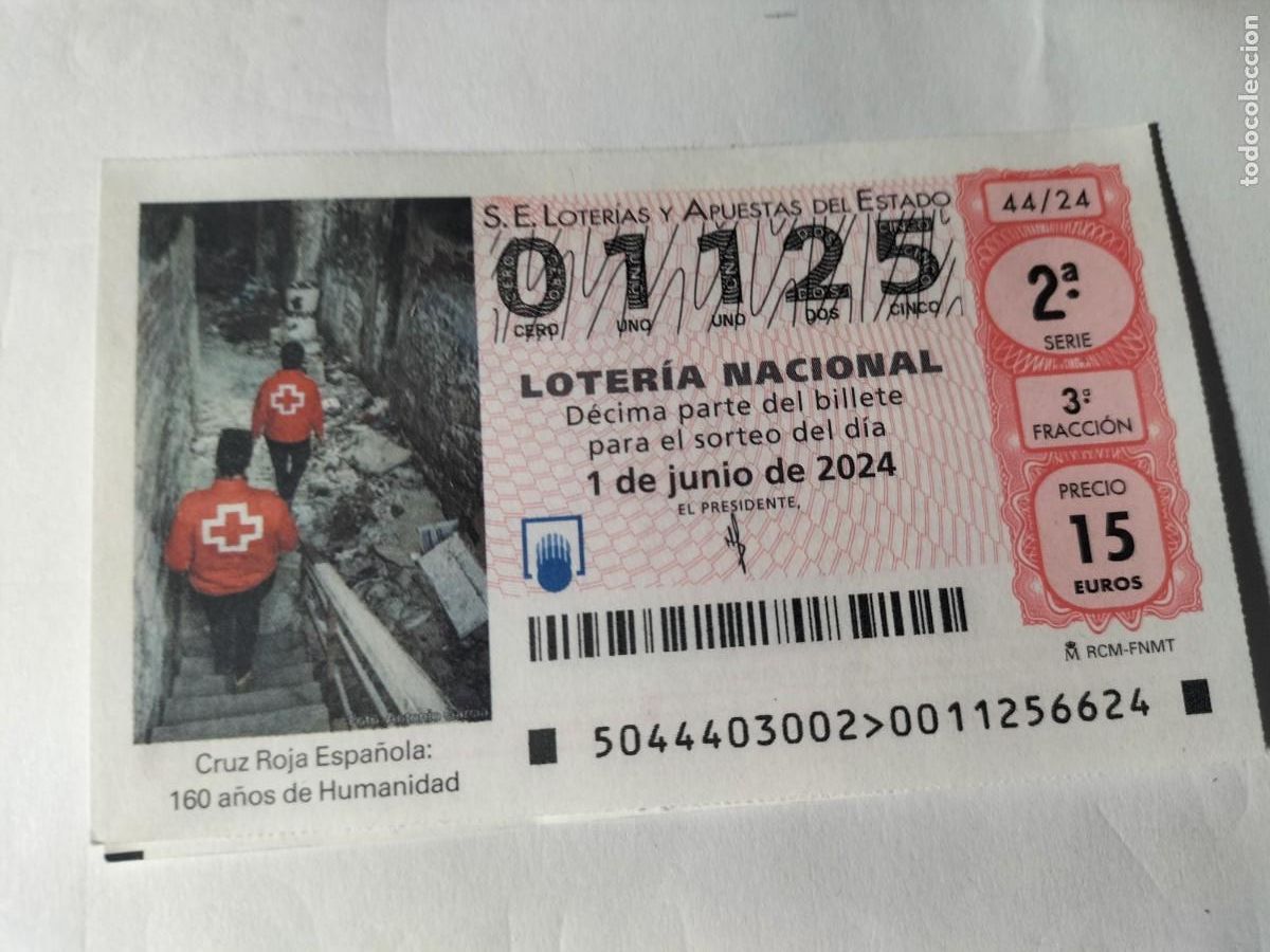Loterie Nationale: 1 DECIMO LOTERIA NACIONAL SABADO 1 JUNIO 2024 - 44/24 - CRUZ ROJA ESPA&Ntilde;OLA