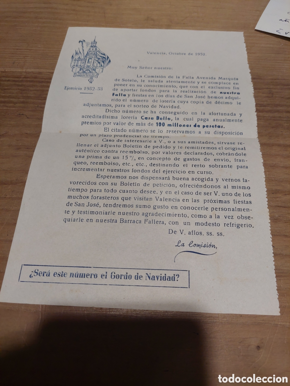 Nationale spanische Lotterie: La comisi&oacute;n fallas Valenciana 1952/1953 carta loter&iacute;a bello