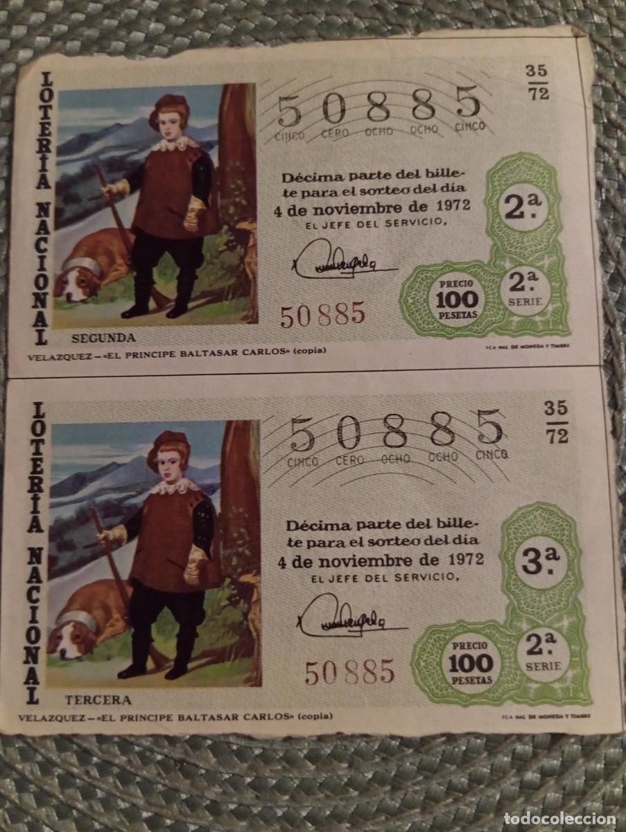 Loter&iacute;a Nacional: 2 DECIMOS DE LOTER&Iacute;A. DE ** 4 NOVIEMBRE 1972 VELAZQUEZ 50885 ** AEREOPUERTO ZONA NACIONAL 83