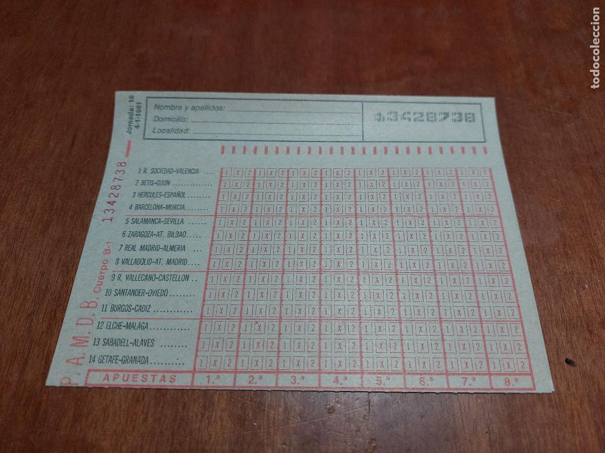 Lotteria Nationale Spagnola: QUINIELA. JORNADA 16. 4-1-1981. SIN UTILIZAR.