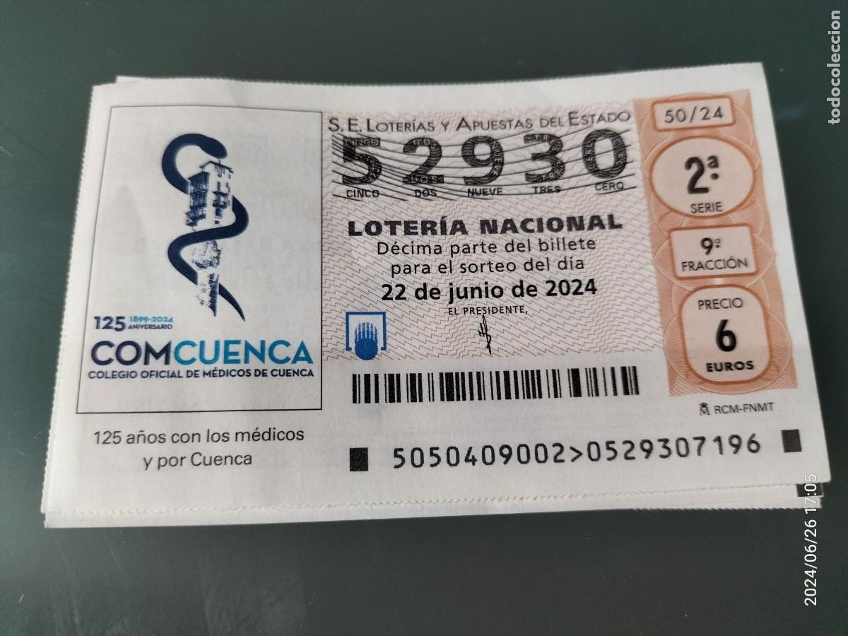 Loterie Nationale: 1 DECIMO LOTERIA SABADO 22 JUNIO 2024 50/24 - CUENCA COLEGIO OFICIAL DE MEDICOS 125 ANIVERSARIO