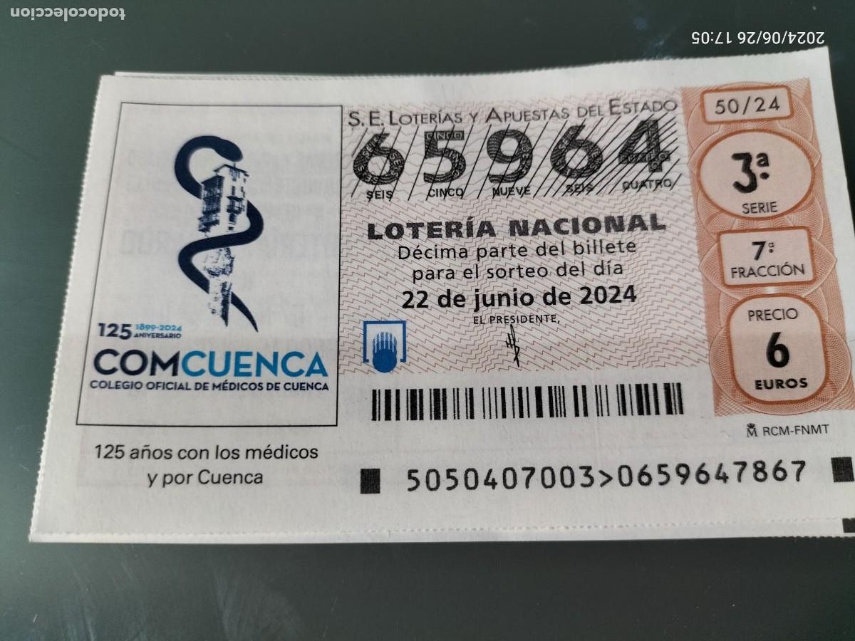 Loterie Nationale: 1 DECIMO LOTERIA SABADO 22 JUNIO 2024 50/24 - CUENCA COLEGIO OFICIAL DE MEDICOS 125 ANIVERSARIO