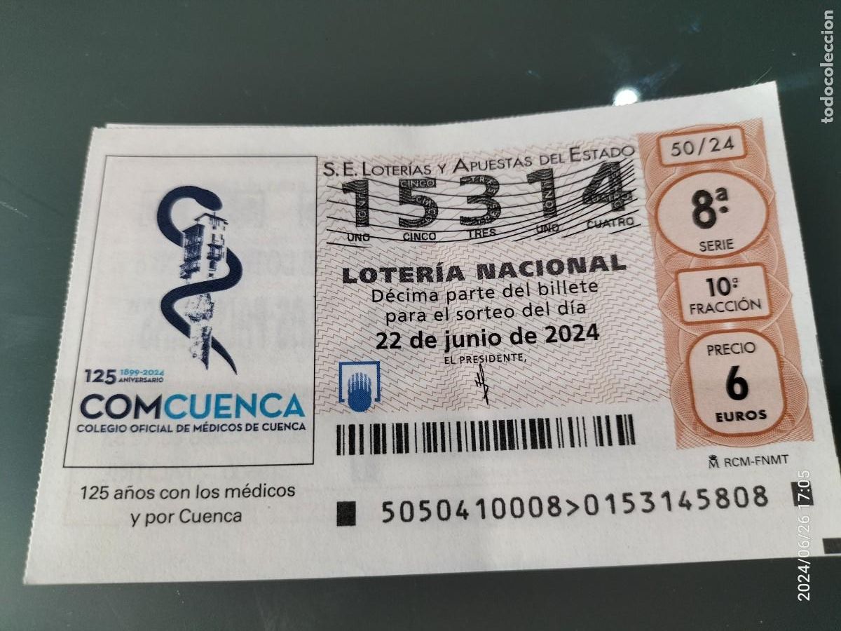 Loterie Nationale: 1 DECIMO LOTERIA SABADO 22 JUNIO 2024 50/24 - CUENCA COLEGIO OFICIAL DE MEDICOS 125 ANIVERSARIO