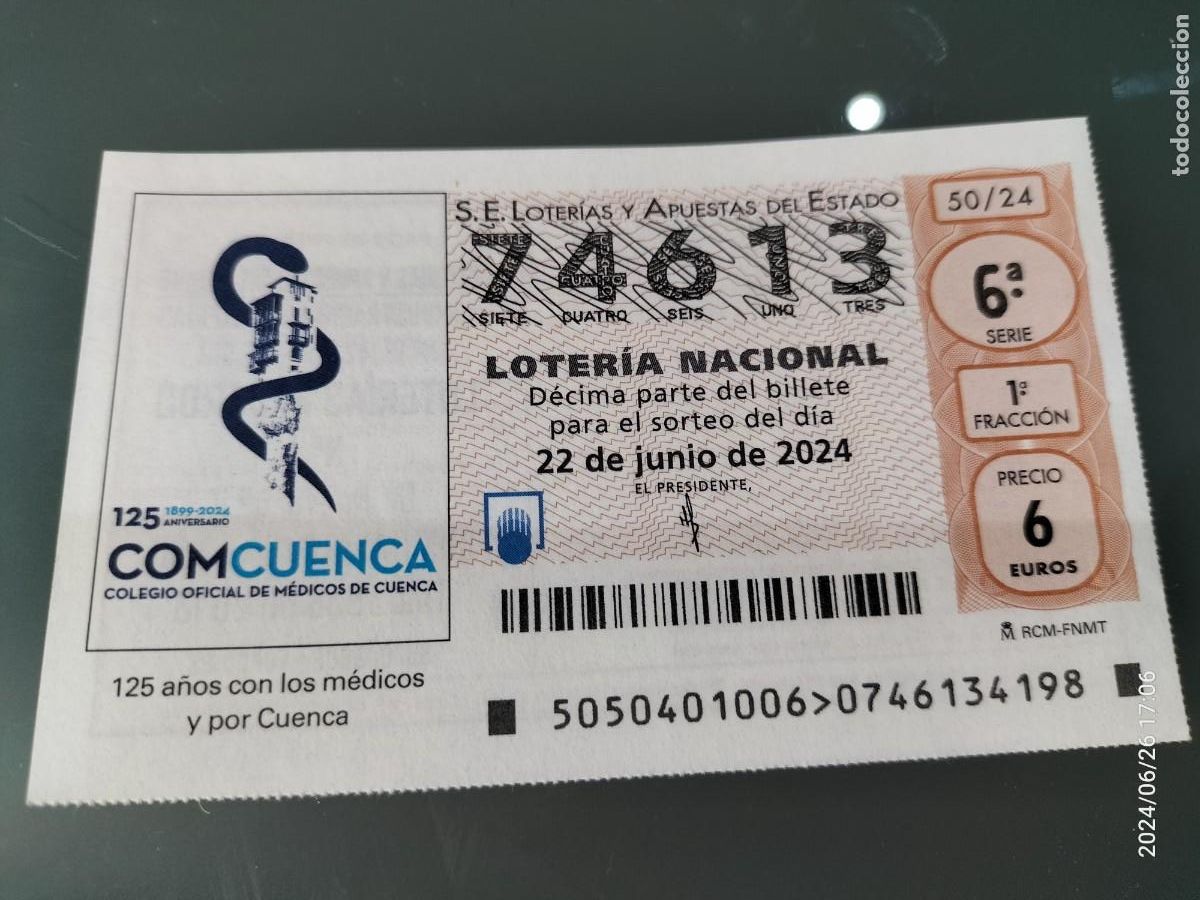 Loterie Nationale: 1 DECIMO LOTERIA SABADO 22 JUNIO 2024 50/24 - CUENCA COLEGIO OFICIAL DE MEDICOS 125 ANIVERSARIO