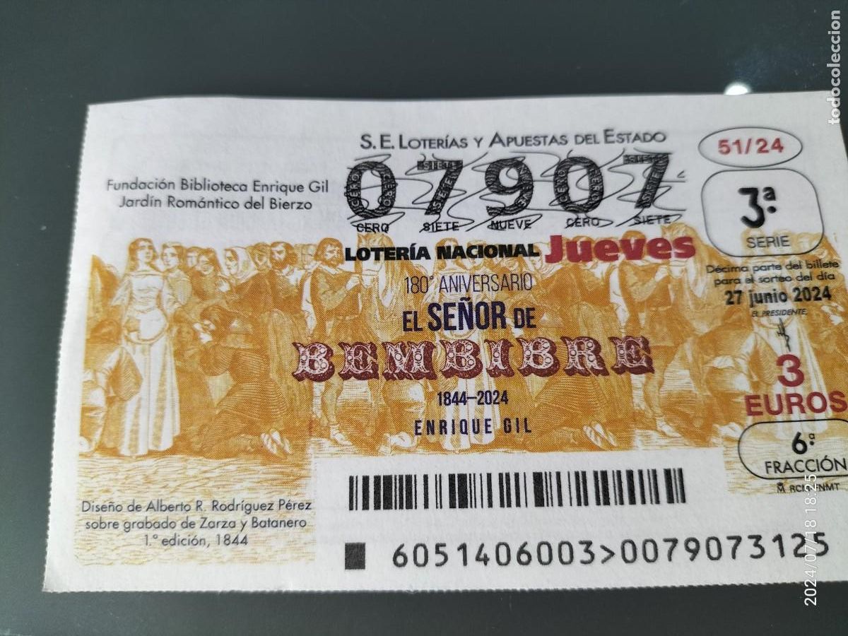 Loterie Nationale: 1 DECIMO LOTERIA NACIONAL JUEVES - 27 JUNIO 2024 - 51/24 FUNDACI&Oacute;N BIBLIOTECA ENRIQUE GIL - BIERZO