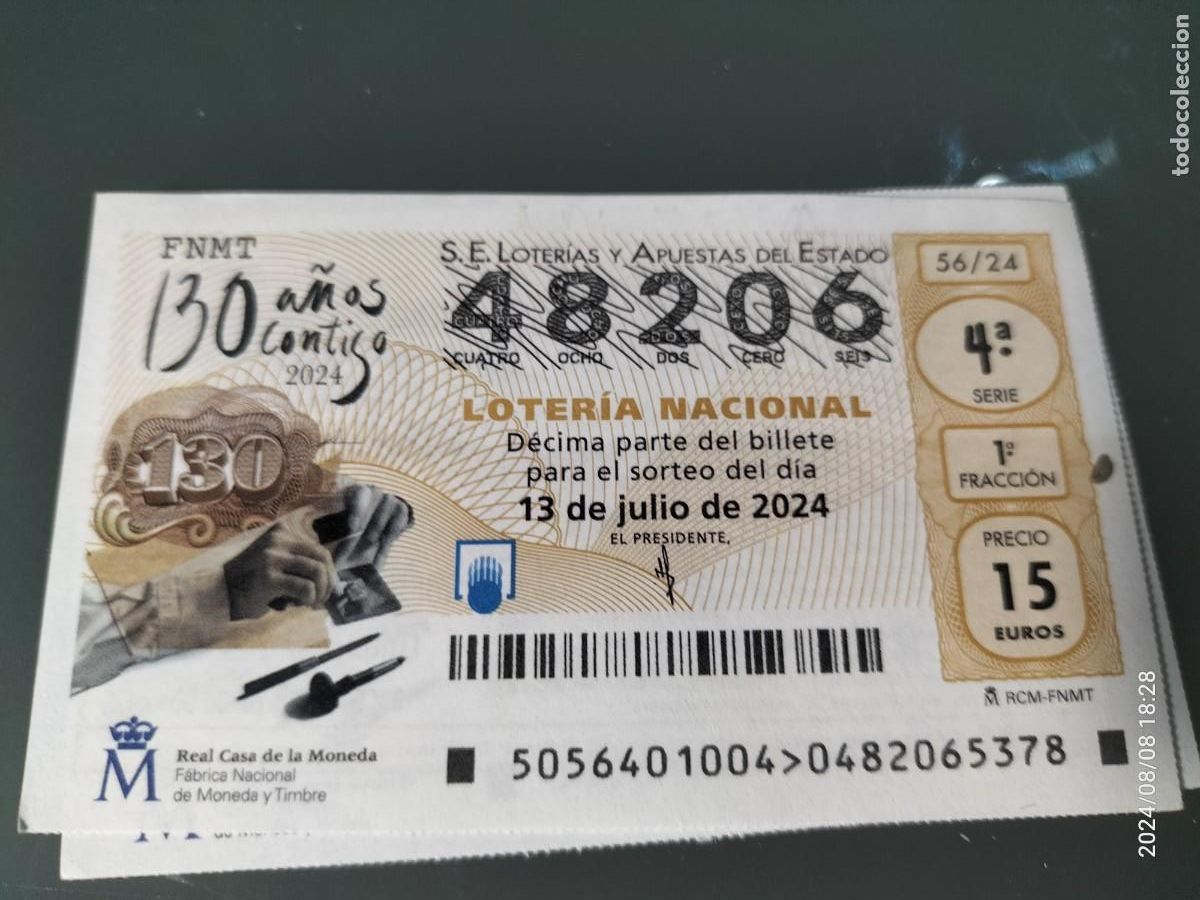 Loterie Nationale: 1 DECIMO LOTERIA NACIONAL SABADO 13 JULIO 2024 56/24 REAL CASA DE LA MONEDA Y TIMBRE