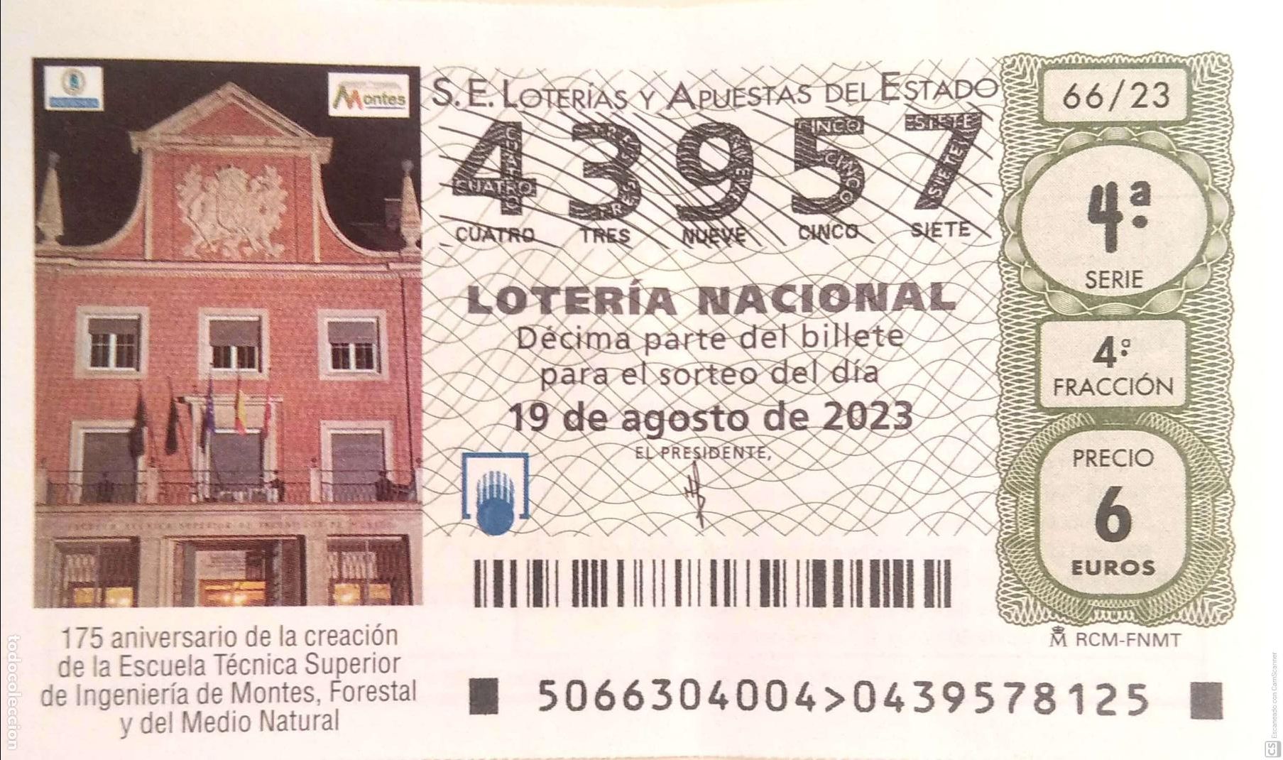 Loter&iacute;a Nacional: Espa&ntilde;a. Loter&iacute;a. 2023. Sorteo: 66 Aniversario creaci&oacute;n de la Escuela T&eacute;cnica Superior de Ingenier&iacute;a