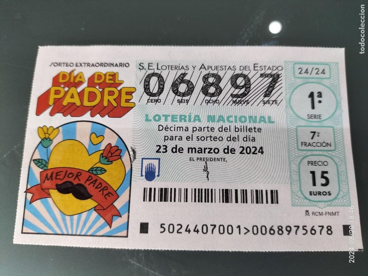 Nationale spanische Lotterie: 1 DECIMO LOTERIA NACIONAL SABADO 23 MARZO 2024 - 24/24 DIA DEL PADRE - CORAZON MEJOR PADRE