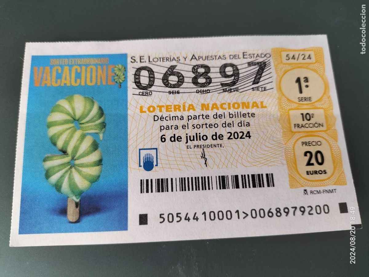 Nationale spanische Lotterie: 1 DECIMO LOTERIA NACIONAL SABADO - 6 JULIO 2024 - 54/24 SORTEO EXTRAORDINARIO VACACIONES
