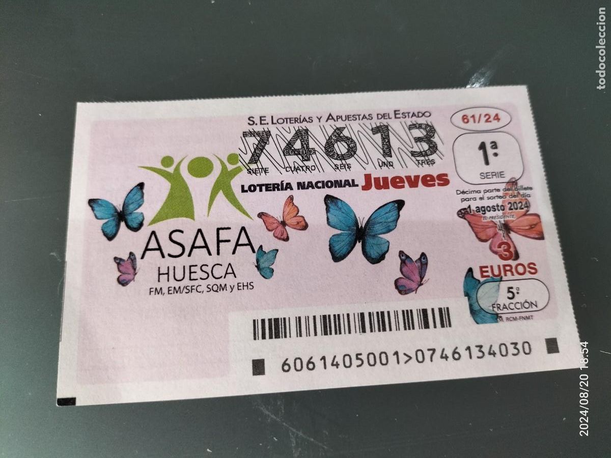 Nationale spanische Lotterie: 1 DECIMO LOTERIA NACIONAL JUEVES 61/24 HUESCA ASAFA