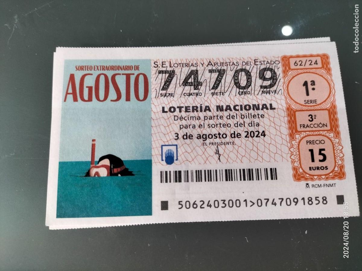Nationale spanische Lotterie: 1 DECIMO LOTERIA NACIONAL SABADO 3 AGOSTO 2024 62/24 SORTEO EXTRAORDINARIO AGOSTO