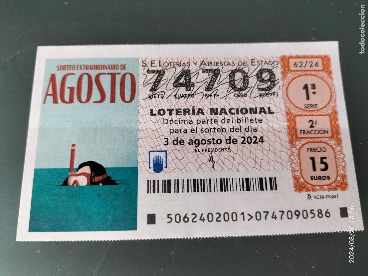 Nationale spanische Lotterie: 1 DECIMO LOTERIA NACIONAL SABADO 3 AGOSTO 2024 62/24 SORTEO EXTRAORDINARIO AGOSTO