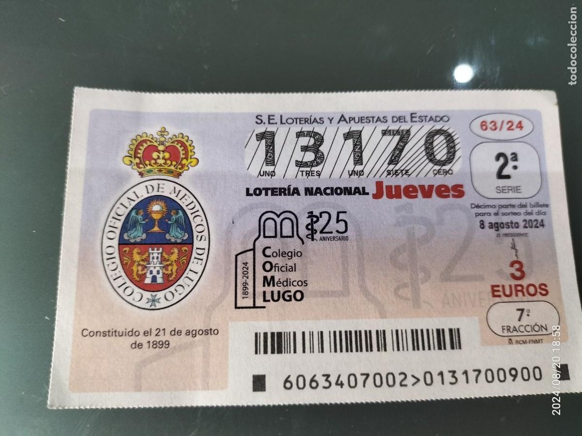 Nationale spanische Lotterie: 1 D&Eacute;CIMO LOTER&Iacute;A JUEVES 8 AGOSTO 2024 63/24 LUGO COLEGIO OFICIAL DE M&Eacute;DICOS