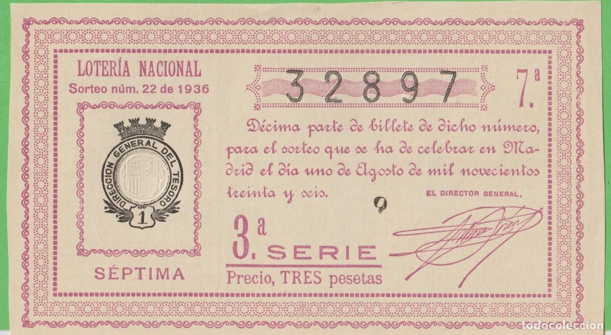 National Spanish Lottery: LOTERIA NACIONAL - SORTEO - 22-1936 - SERIE 3&ordf; FRACCI&Oacute;N 7&ordf; - GRAZALEMA-CADIZ