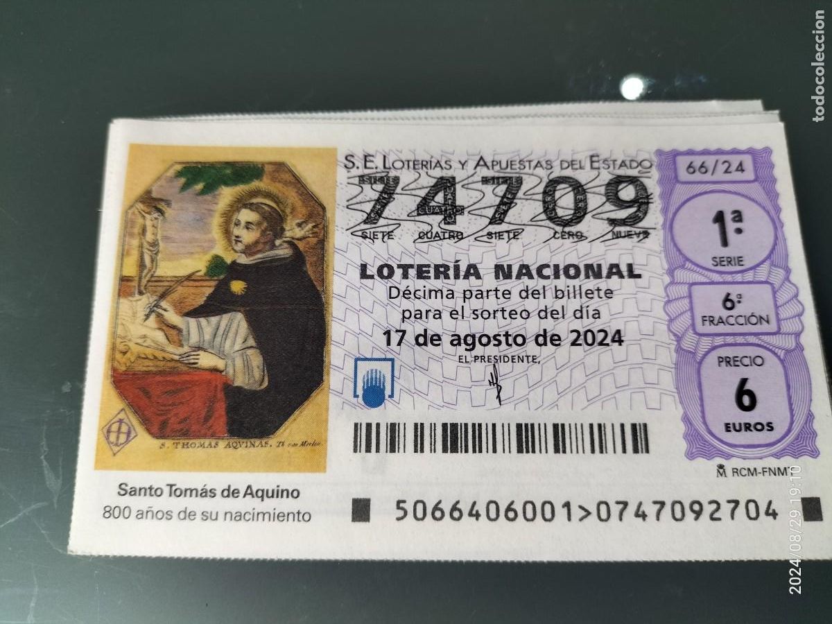 Nationale spanische Lotterie: 1 D&Eacute;CIMO LOTER&Iacute;A S&Aacute;BADO 17 AGOSTO 2024 66/24 SANTO TOMAS DE AQUINO 800 ANIVERSARIO