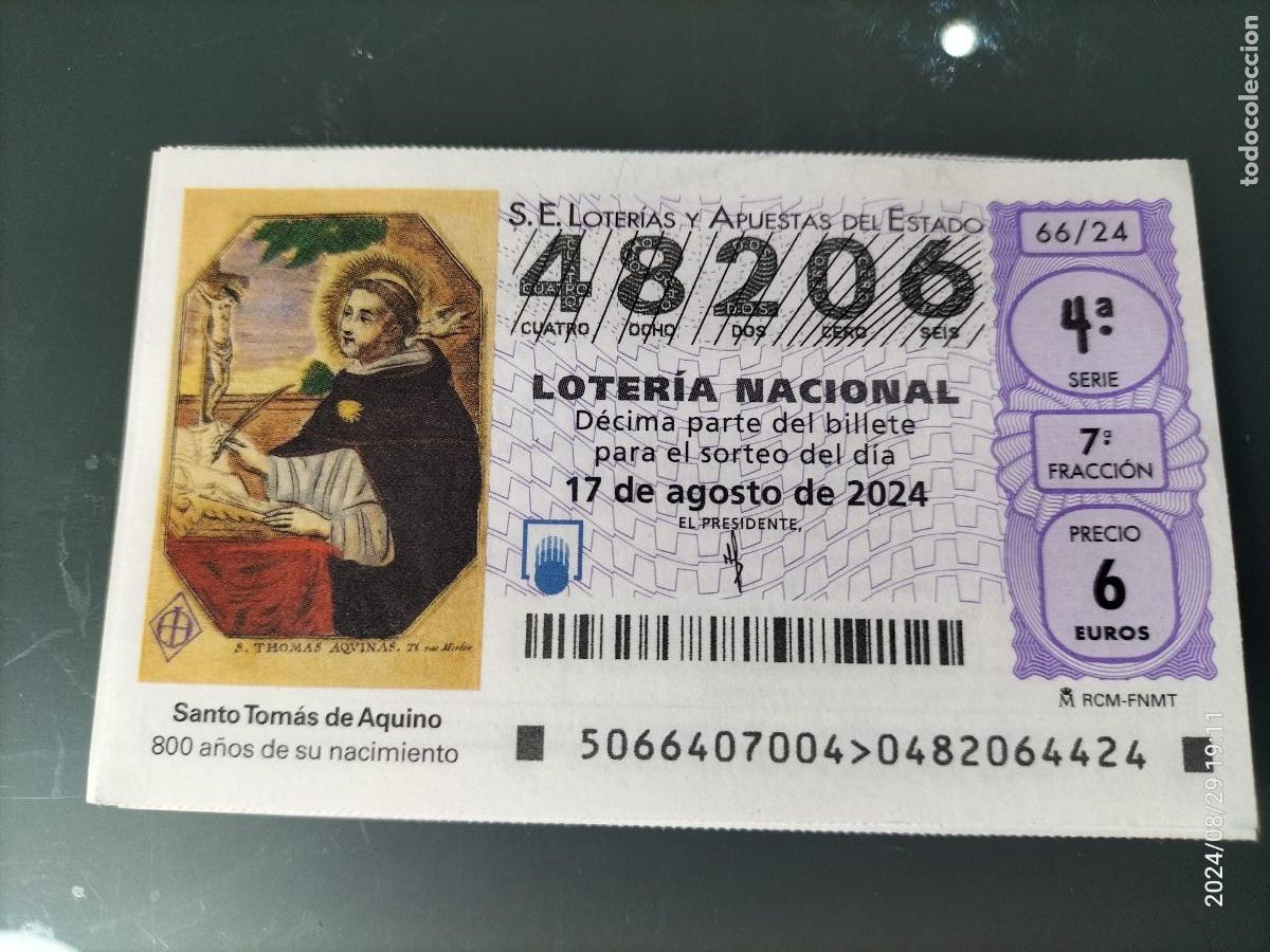 Nationale spanische Lotterie: 1 D&Eacute;CIMO LOTER&Iacute;A S&Aacute;BADO 17 AGOSTO 2024 66/24 SANTO TOMAS DE AQUINO 800 ANIVERSARIO
