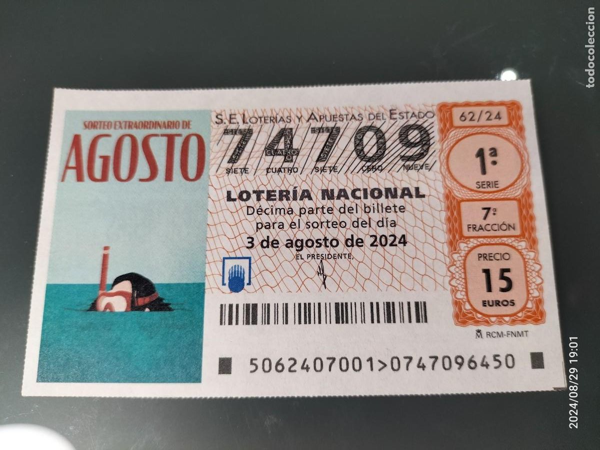 Nationale spanische Lotterie: 1 D&Eacute;CIMO LOTER&Iacute;A S&Aacute;BADO 3 AGOSTO 2024 62/24 SORTEO EXTRAORDINARIO AGOSTO