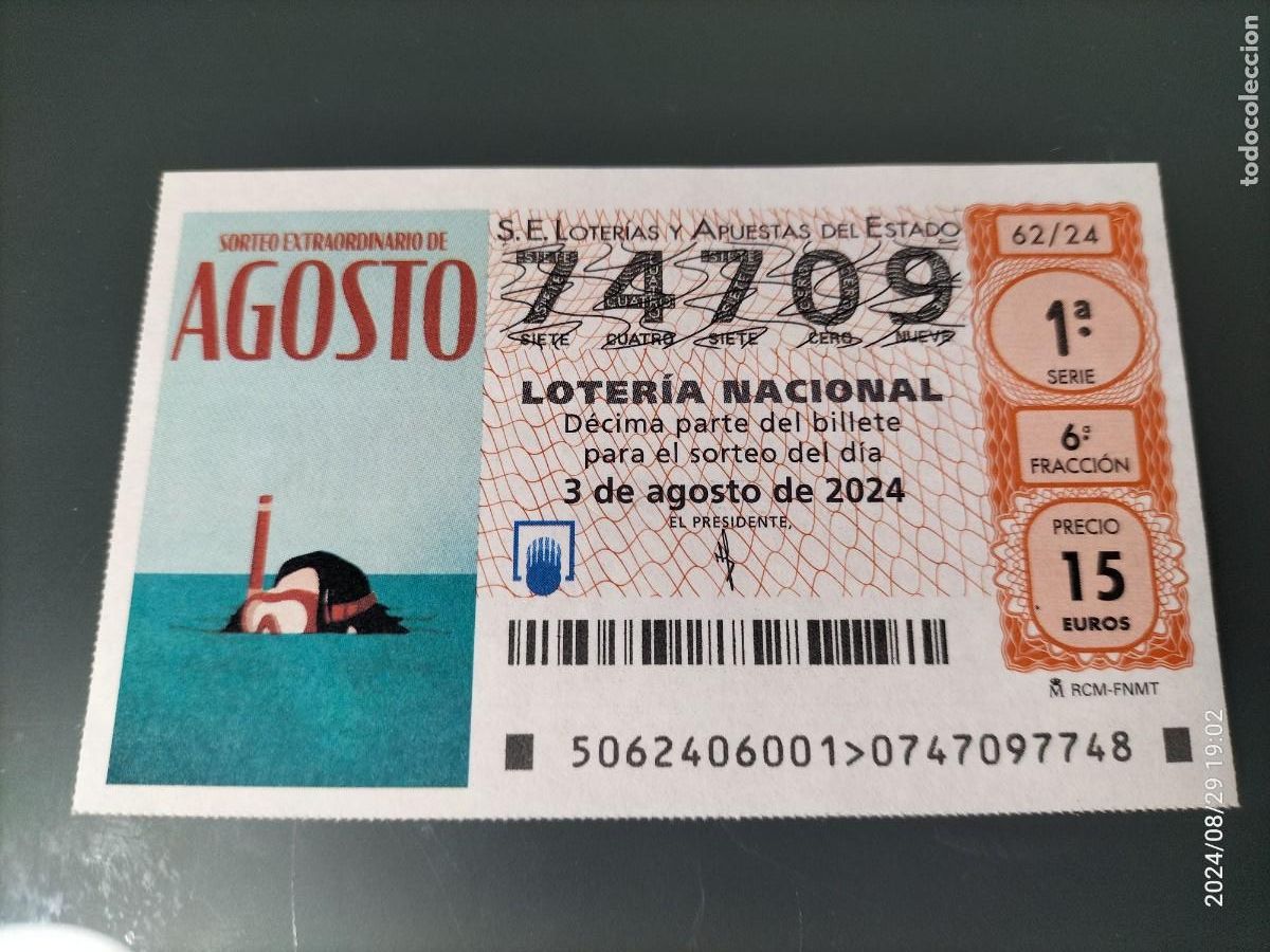 Nationale spanische Lotterie: 1 D&Eacute;CIMO LOTER&Iacute;A S&Aacute;BADO 3 AGOSTO 2024 62/24 SORTEO EXTRAORDINARIO AGOSTO