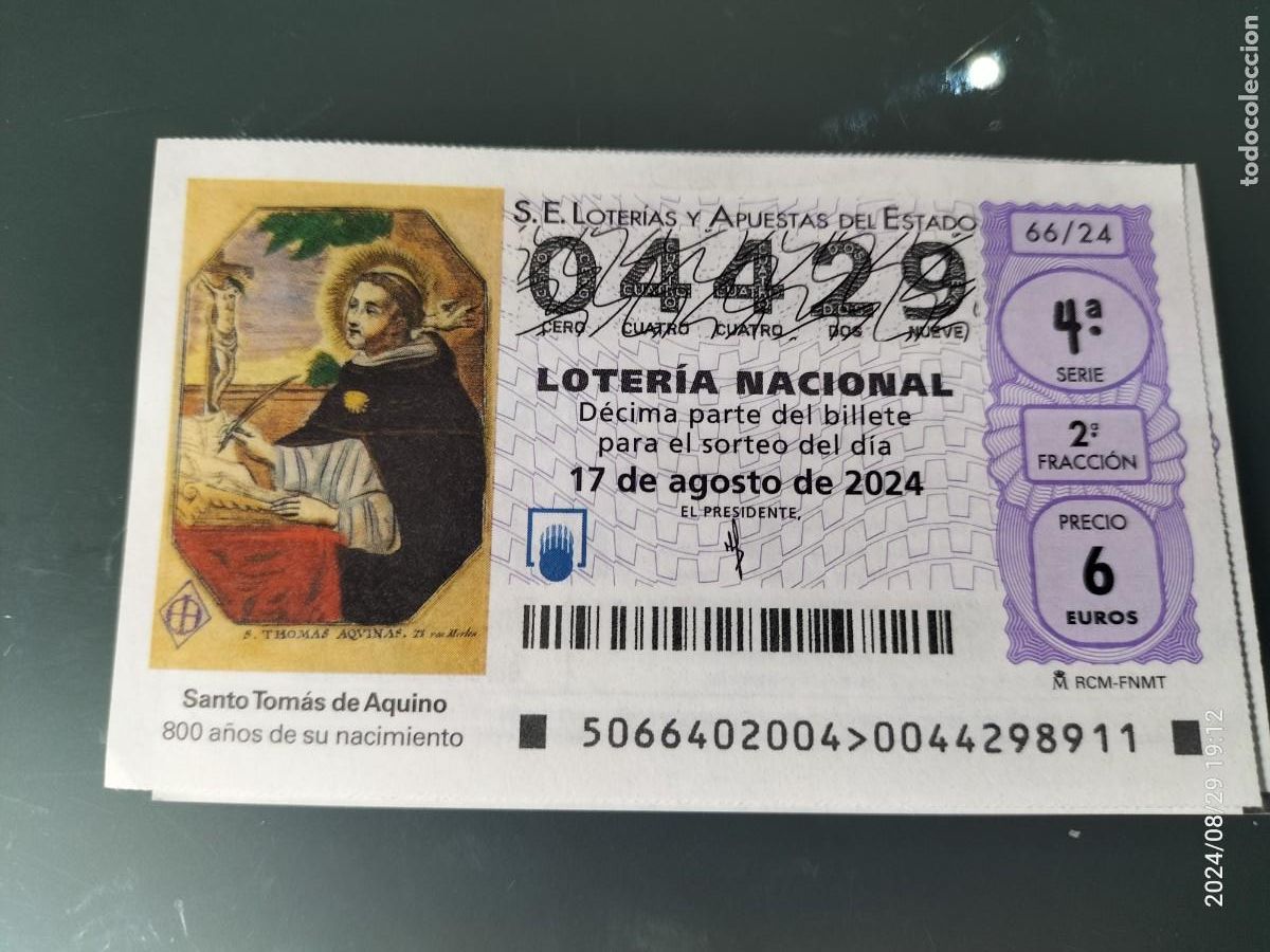 Nationale spanische Lotterie: 1 D&Eacute;CIMO LOTER&Iacute;A S&Aacute;BADO 17 AGOSTO 2024 66/24 SANTO TOMAS DE AQUINO 800 ANIVERSARIO