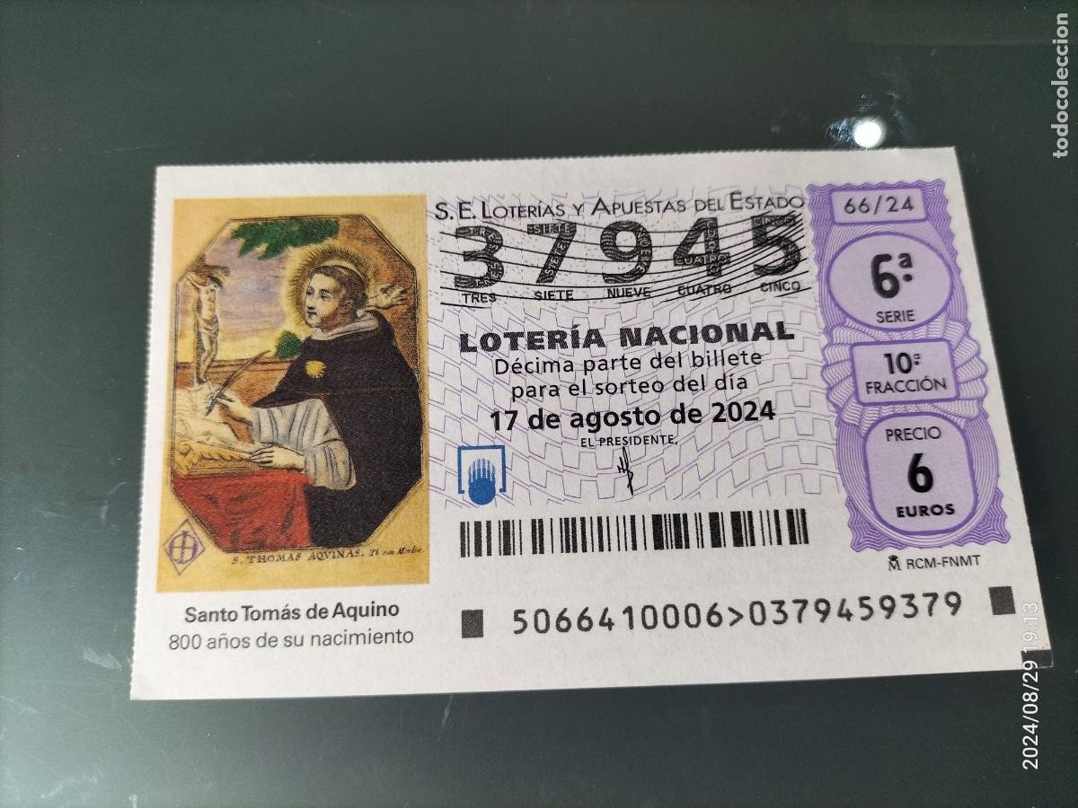 Nationale spanische Lotterie: 1 D&Eacute;CIMO LOTER&Iacute;A S&Aacute;BADO 17 AGOSTO 2024 66/24 SANTO TOMAS DE AQUINO 800 ANIVERSARIO