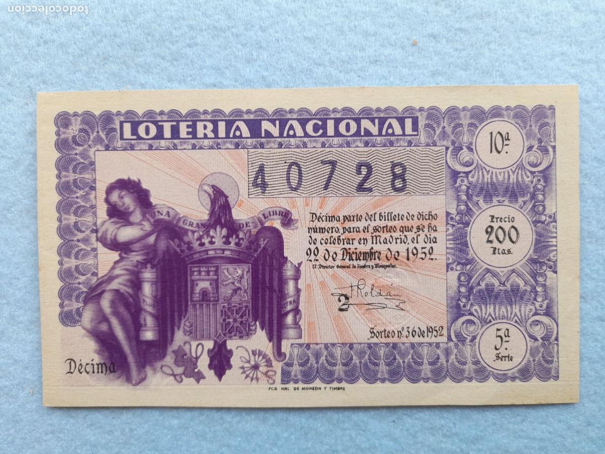 Loter&iacute;a nacional: D&eacute;cimo. Sorteo n&ordm;: 36 de 1952. - Foto 1
