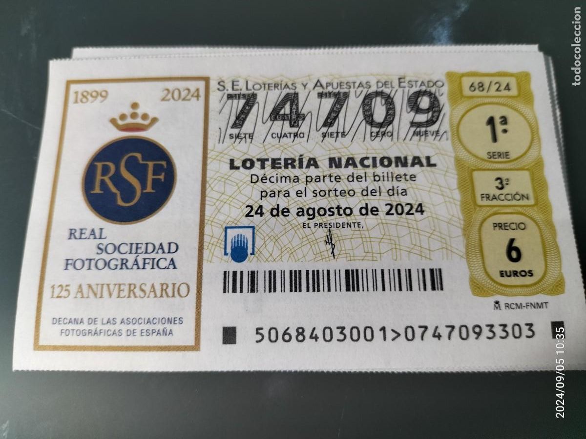 Nationale spanische Lotterie: 1 D&Eacute;CIMO LOTER&Iacute;A SABADO 24 AGOSTO 2024 68/24 REAL SOCIEDAD FOTOGRAFICA 125 ANIV FOTOS