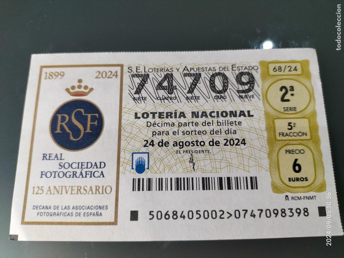 Nationale spanische Lotterie: 1 D&Eacute;CIMO LOTER&Iacute;A SABADO 24 AGOSTO 2024 68/24 REAL SOCIEDAD FOTOGRAFICA 125 ANIV FOTOS