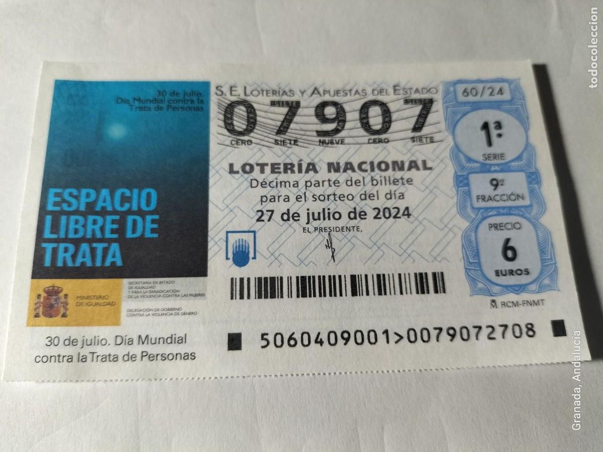 Loterie Nationale: 1 DECIMO LOTERIA NACIONAL SABADO 27 JULIO 2024 - 60/24 - ESPACIO LIBRE DE TRATA