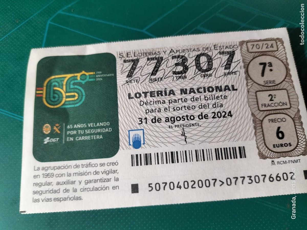 Loterie Nationale: 1 D&Eacute;CIMO LOTER&Iacute;A SABADO 31 AGOSTO 2024 70/24 GUARDIA CIVIL TRAFICO DGT - 45 A&Ntilde;OS